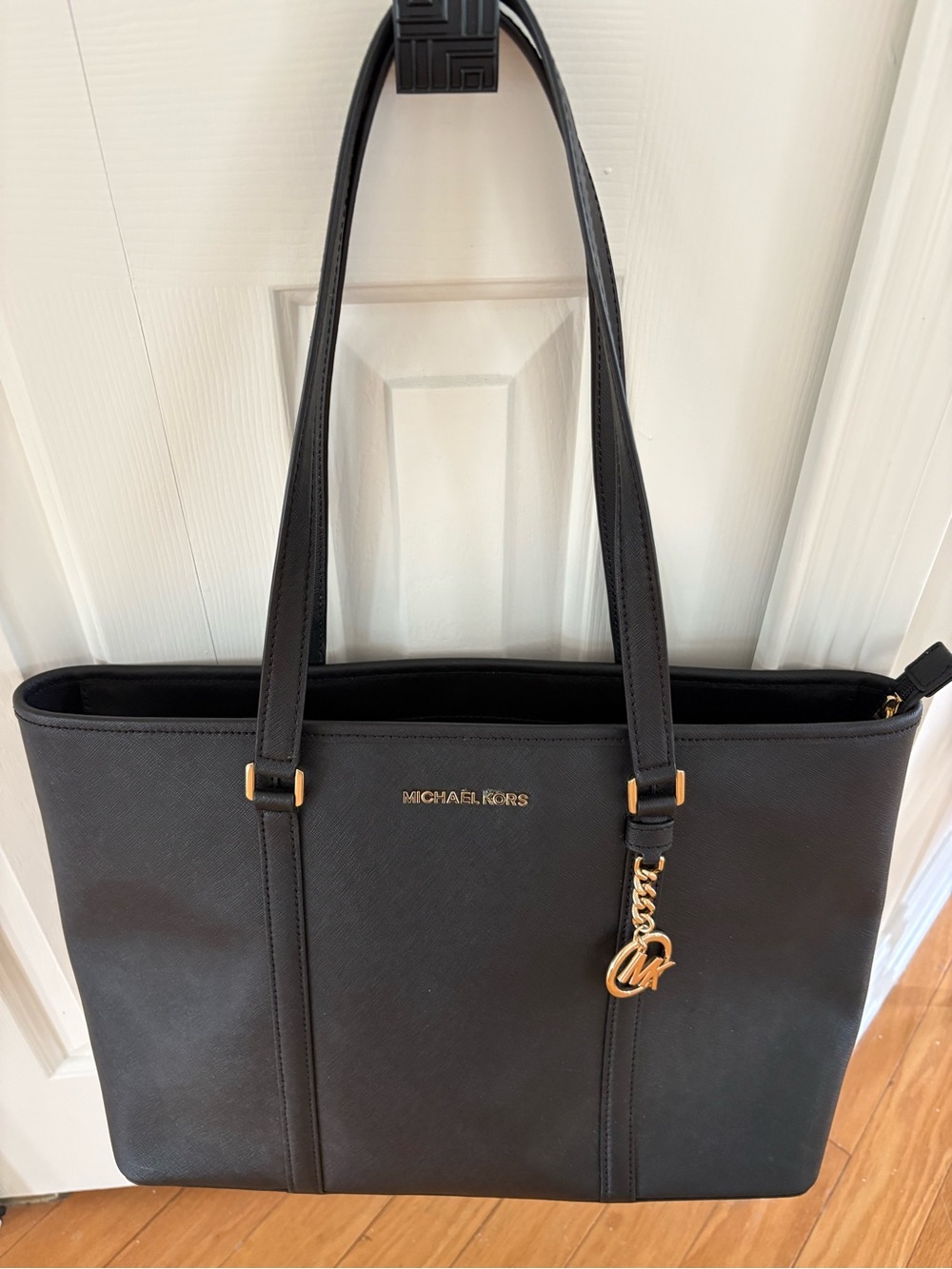 MICHAEL KORS Black Saffiano Leather Double-Handle Tote with Gold Accent